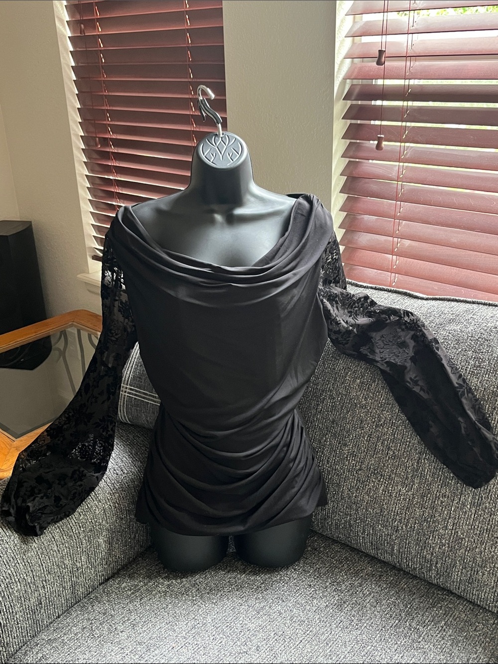 BCX Black Draped Neck Blouse with Lace Sleeves
